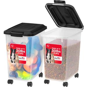 2 x IRIS USA Dog Food Storage Container, 2 Pack, Up to 30 lbs Each, Airtight Seal for Freshness, Wheels for Rolling, Easy One Hand Opening, Made in USA, BPA Free, Clear/Black