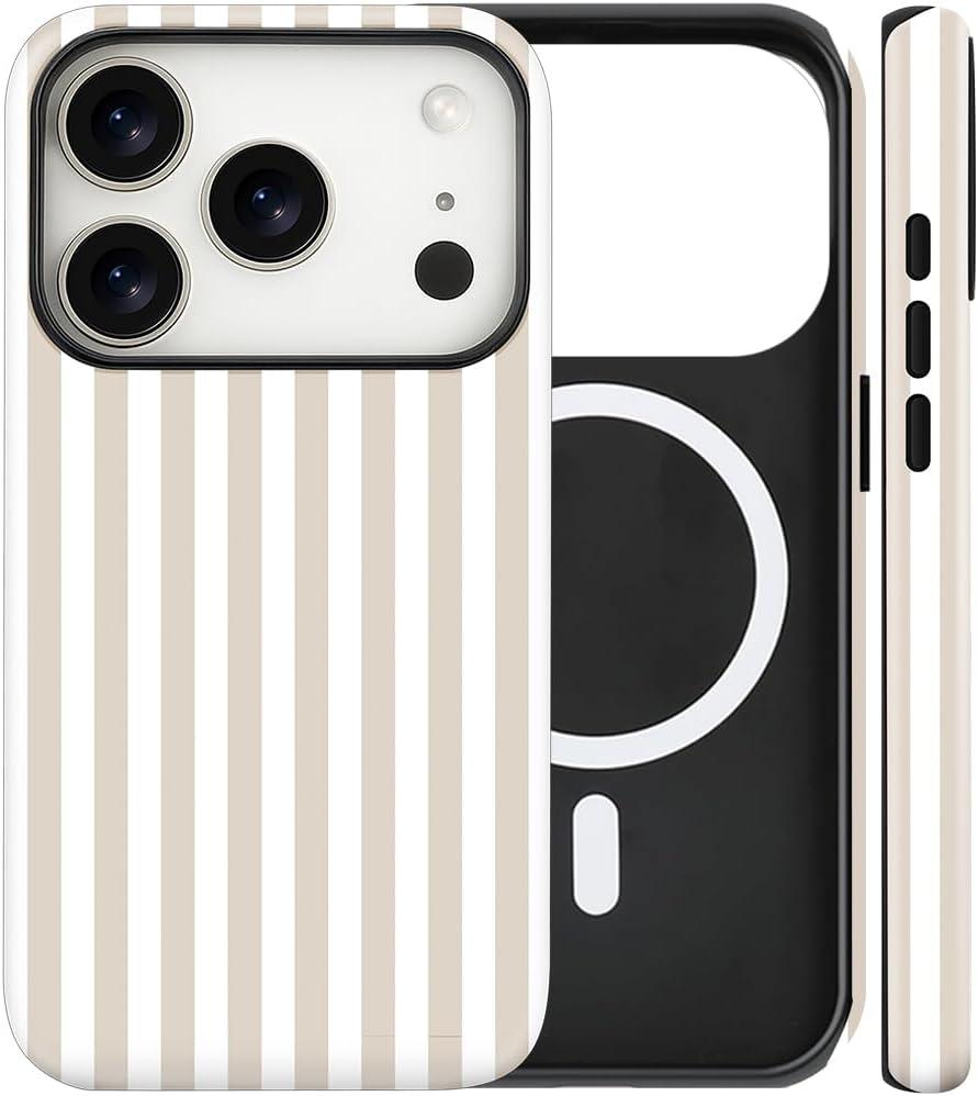 Magnetic for iPhone 17 Pro Case Cute Stripes Phone Case, Shockproof Slim TPU and Hard PC Protective Phone Cover Compatible with MagSafe Designed for Women Girls, Apricot