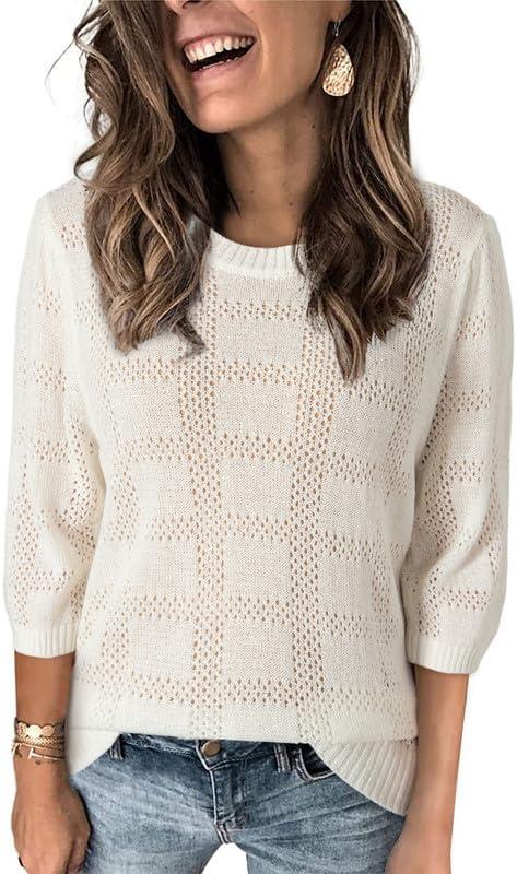 Dokotoo Women's Casual Short Sleeve Loose Tunic Tops Lightweight Crochet Knit Summer Sweaters Blouses (White, M)