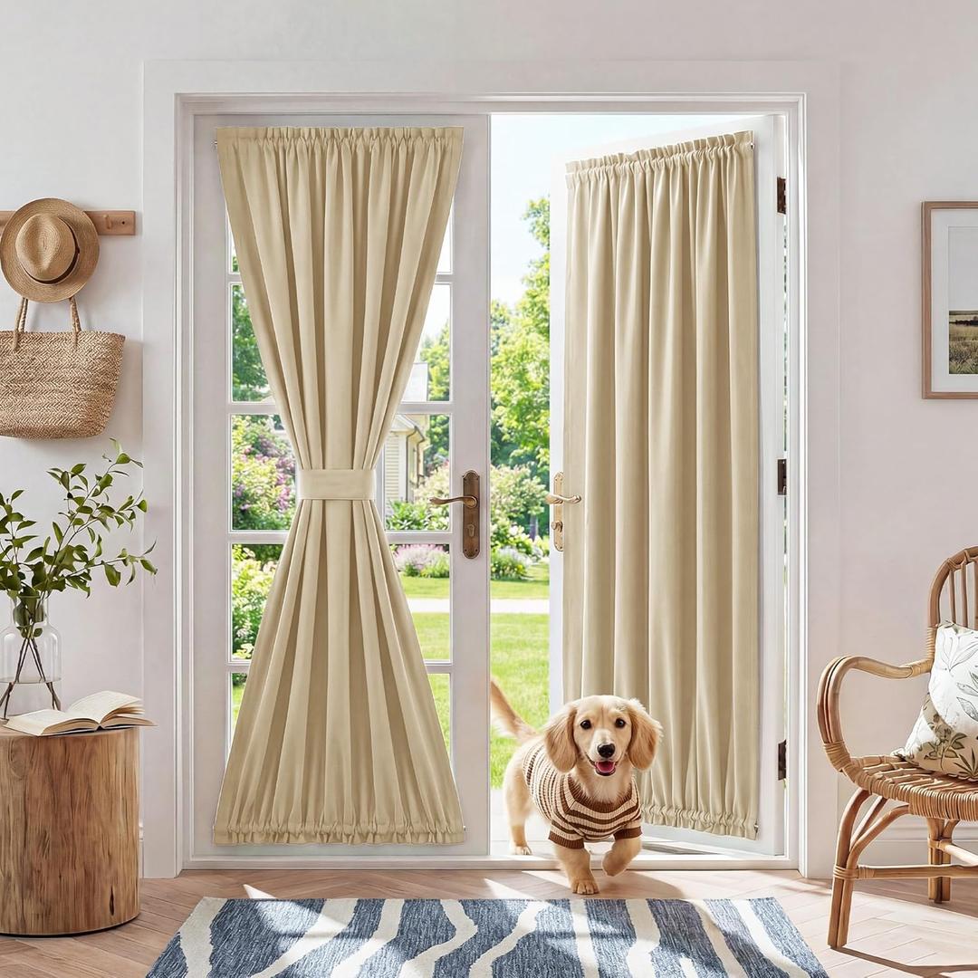 RYB HOME 100% Blackout French Door Curtain for Sidelight Glass Window No Coating - Privacy Assured Thermal Insulated Room Darkening Drapes for Sidelight Window, W 26 x L 72, 1 Panel, Biscotti Beige