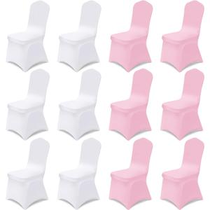Oudain 12 Pcs Pink White Folding Chair Covers Universal Spandex Slipcovers Washable Removable Stretch Chair Protector Covers for Wedding Birthday Party Decoration