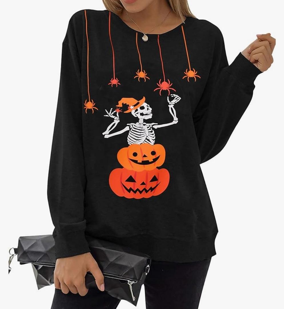 Women Halloween Sweatshirts Pumpkin Face Dancing Skeleton Shirt Long Sleeve Sweater Funny Graphic Pullover Large