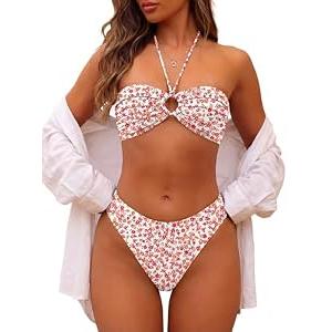 ANRABESS Bikini Sets for Women Bandeau O Ring 2 Piece Swimsuit Floral Halter Tie Back Bathing Suit 2026 Summer Beach Swimwear Hot Pink Orange Floral Large