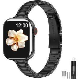 MioHHR Thin Metal Bands Compatible with Apple Watch Band 38mm 40mm 41mm 42mm(Series 10),Slim Narrow Stainless Steel Strap for Women iWatch Bands Series 9 8 7 6 5 4 SE 3 2 1,Black