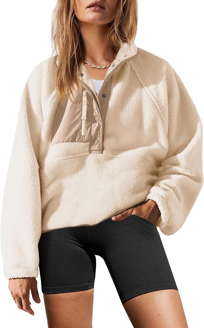 Yanekop Womens Fuzzy Fleece Pullover Sherpa Sweatshirt Long Sleeve Button Down Sweater Winter Fleece Jacket with Pockets (Medium, Beige)