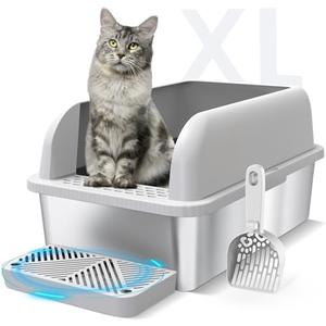 Suzzipaws Enclosed Stainless Steel Cat Litter Box with Lid Extra Large Litter Box for Big Cats XL Metal Litter Pan Tray with High Wall Sides Enclosure, Non-Sticky, Anti-Leakage, Easy Cleaning 
