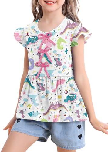 5-6 Years Cute Summer Tops Ruffle Sleeve Flowy Babydoll Blouse Button up Shirt Stripe Checkered Butterfly Tie Shirts, M