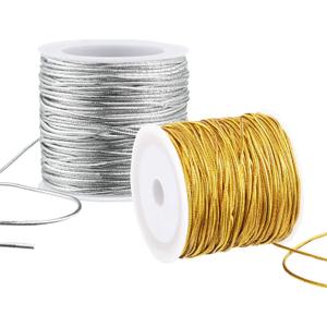 2 Rolls Metallic Elastic Cords Stretch Cord Ribbon Metallic Tinsel Rope for Craft Making Gift Wrapping, 1 mm 55 Yards (Gold and Silver)