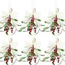6 Pieces Mistletoe Christmas Decor Artificial Mistletoe Pick Christmas Decoration with Berries and White Ribbon Bow Faux Hanging Kissing Ball for Xmas Tree Ornament Party Decor (Red White)