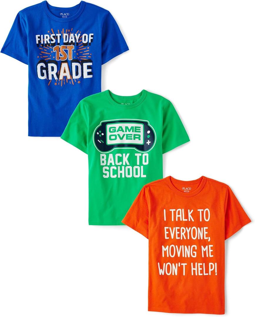 The Children's Place Boys School,Learning Short Sleeve Graphic T-Shirts,3 Pack (X-Large, 1st Day of 1st Grade/Game Over/I Talk)