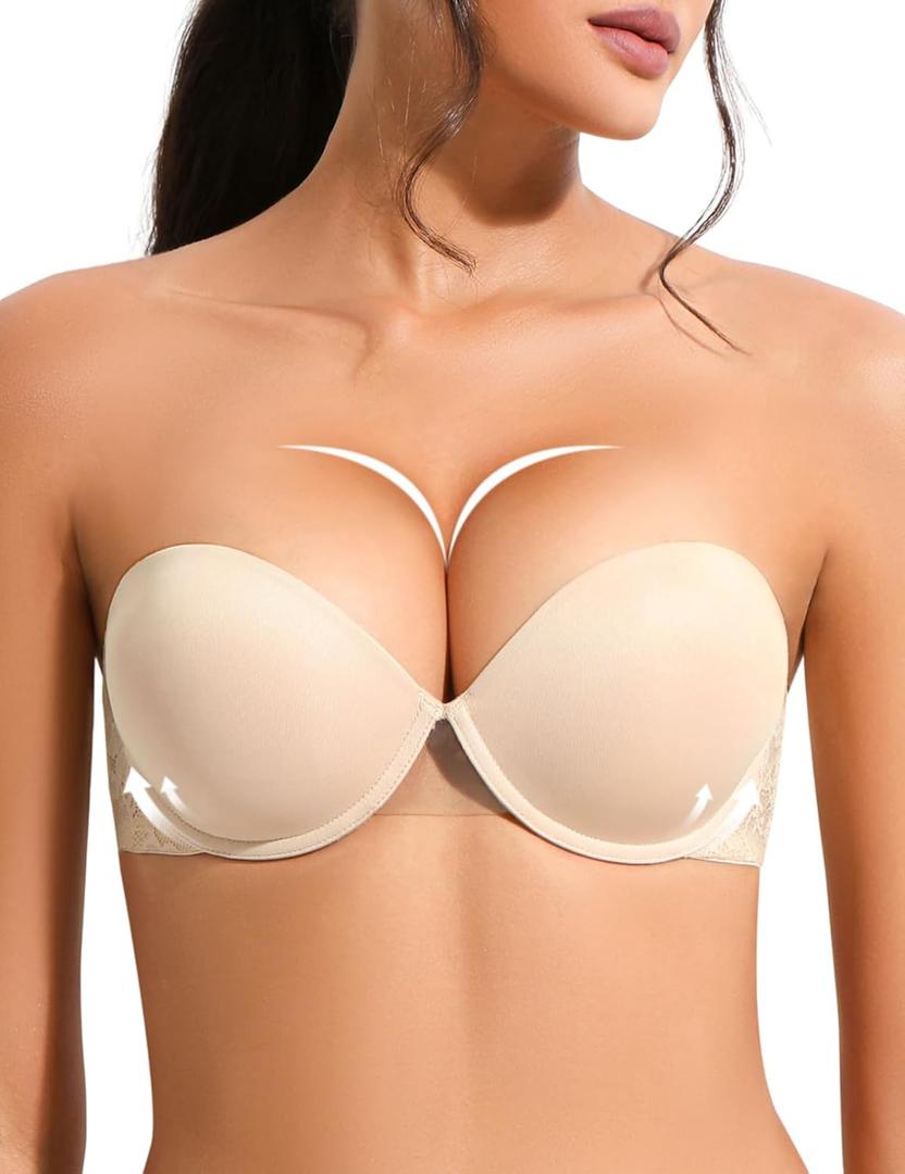 Strapless Push Up Bra with Clear Straps for Women, Thick Padded Underwire Convertible Bras Add One Cup (42B, Nude)