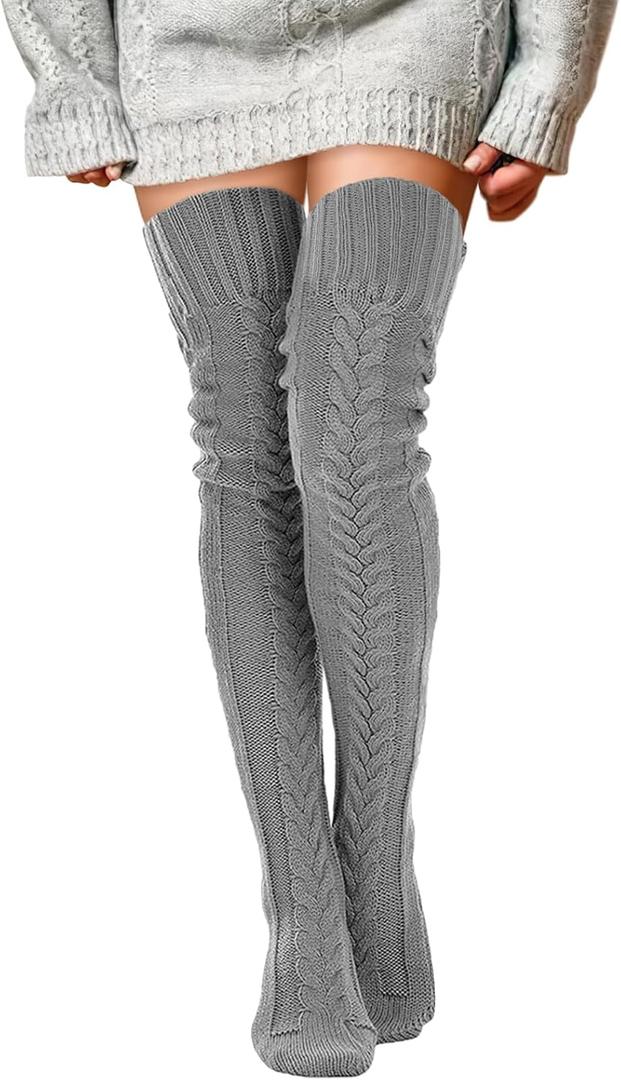 Buauty Women's Cable Knitted Boot Socks Extra Long Thigh High Winter Stockings Over Knee Leg Warmers (Grey-pure)