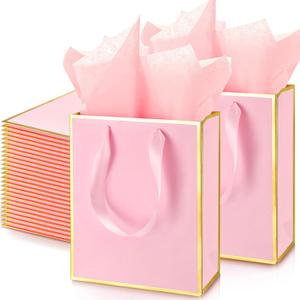 Yeaqee 50 Pack Metallic Gift Bags with Handle and Tissue Paper Gold Foil Thank You Bag for Graduation Wedding Groomsmen Bridal Baby Shower Gifts Holiday Party Favors 9x7x3.15'' (Pink Gold)