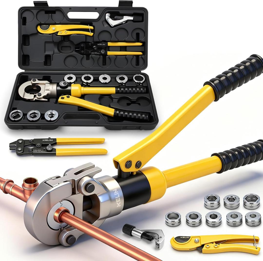 Hydraulic Copper Pipe Tube Fittings Crimping Tool
with 1/2", 3/4", 1" Dies & 3/8"-1" Dies for ASTM F1807 Pex Copper Rings , PEX Tubing Cutter and Copper Ring Removal Tool