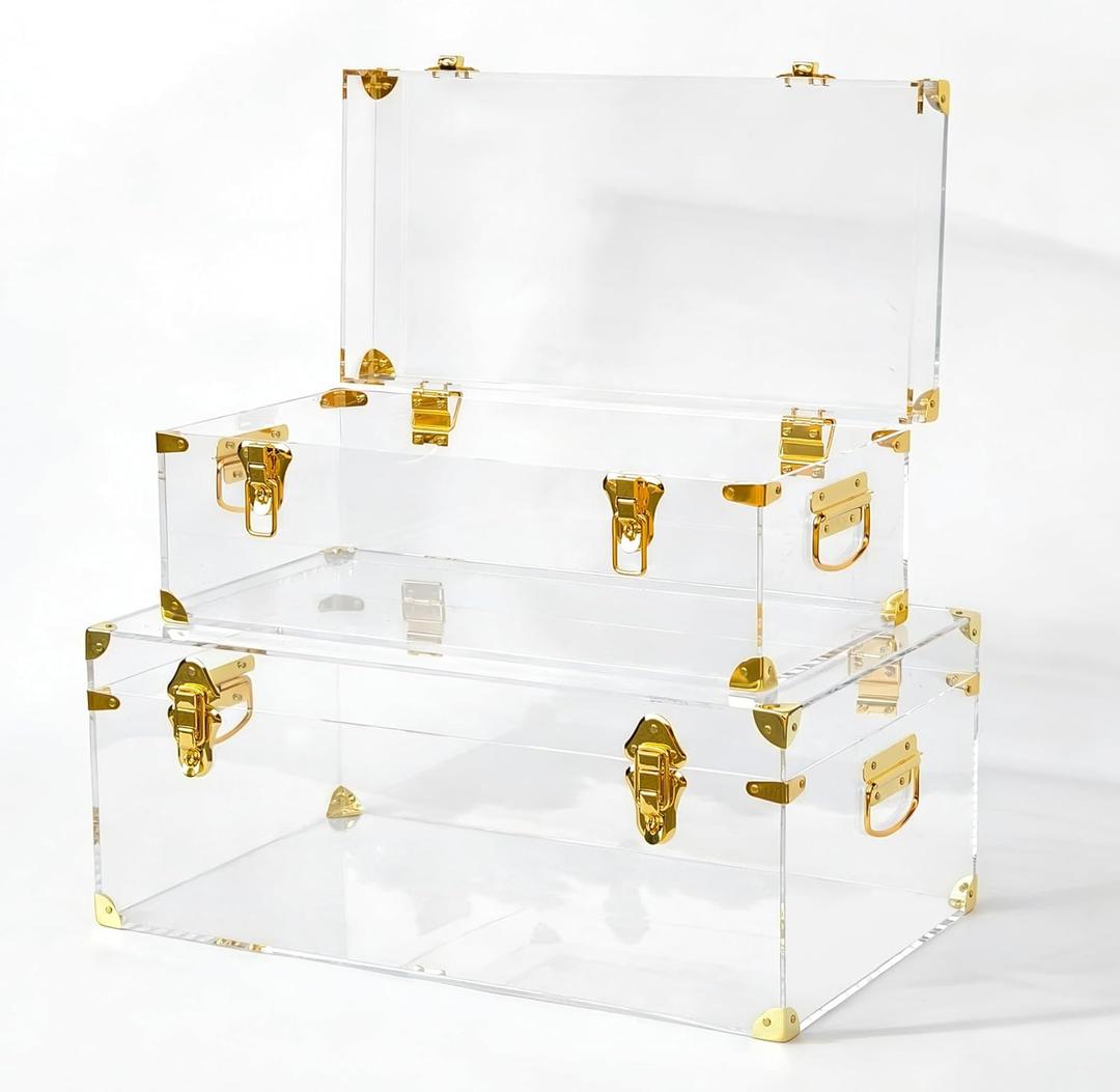 Vixdonos Acrylic Storage Chest Decorative Trunk Set of 2 Keepsake Box College Dorm Organizer with Hardware Hasps and Handle for Home Deocr,23.7X14.2X9.5 Inches,Clear
