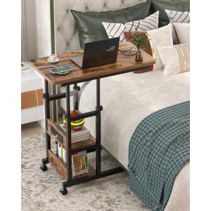 Height Adjustable End Table with Charging Station, Mobile C Shaped Laptop Side Table with Wheels, 3-Tier Sofa Couch Table with Storage Shelve for Living Room Bedroom, Rustic Brown