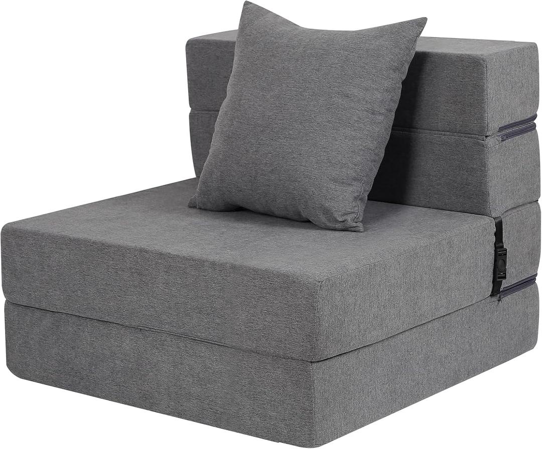 Futon Sofa Bed With High-Density Memory Foam and Fluffy Pillow, Folding Floor Couch Guest Bed, Single Size, Dark Grey