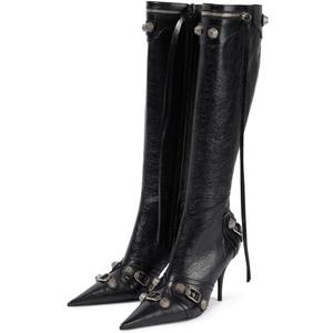 Oiamenne Knee High Boots for Women Fashion Slide Zipper Pointed Toe Stiletto Studded High Heel Rivets Tassel Boots Party Dress Shoes (10, Black)