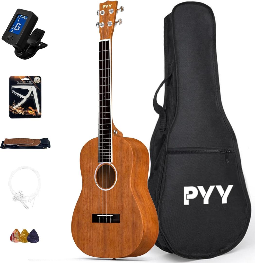 PYY Baritone Ukulele 30 Inch Mahogany Wood Ukuleles Music Instrument Kit with Digital Tuner, Strap, Gig Bag, 3 Picks, Extra Strings, Capo, for Adults Beginners Starter