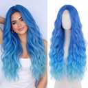 WECAN Long Blue Wig for Women Ombre Blue Wavy Synthetic Wig 28 Inch Water Wave Cosplay Wig Heat Resistant Fiber Wig for Halloween Party