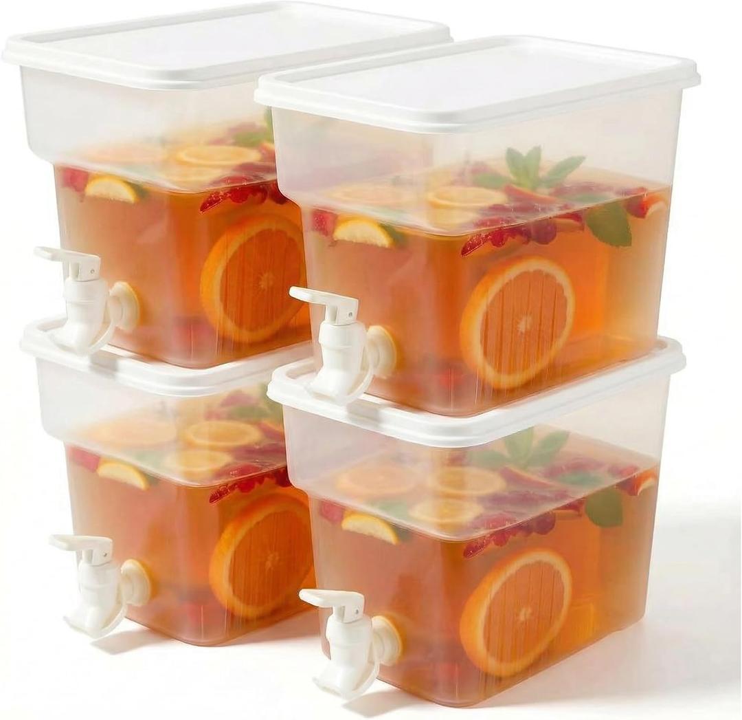 BEWBBAT 4 Pack 1.3 Gallon Drink Dispenser with Spigot for Fridge, Leakproof Plastic Water Container Fridge Beverage Dispenser Ice Juice Dispenser with Spigot for Home Party Restaurant Bar Buffet
