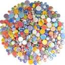 Small Round Iridescent White Mosaic Tiles for Crafts, 300g/150 Pieces Iridescent Glass Penny Round Tiles for Flowerpots, Handmade Home Decor, White