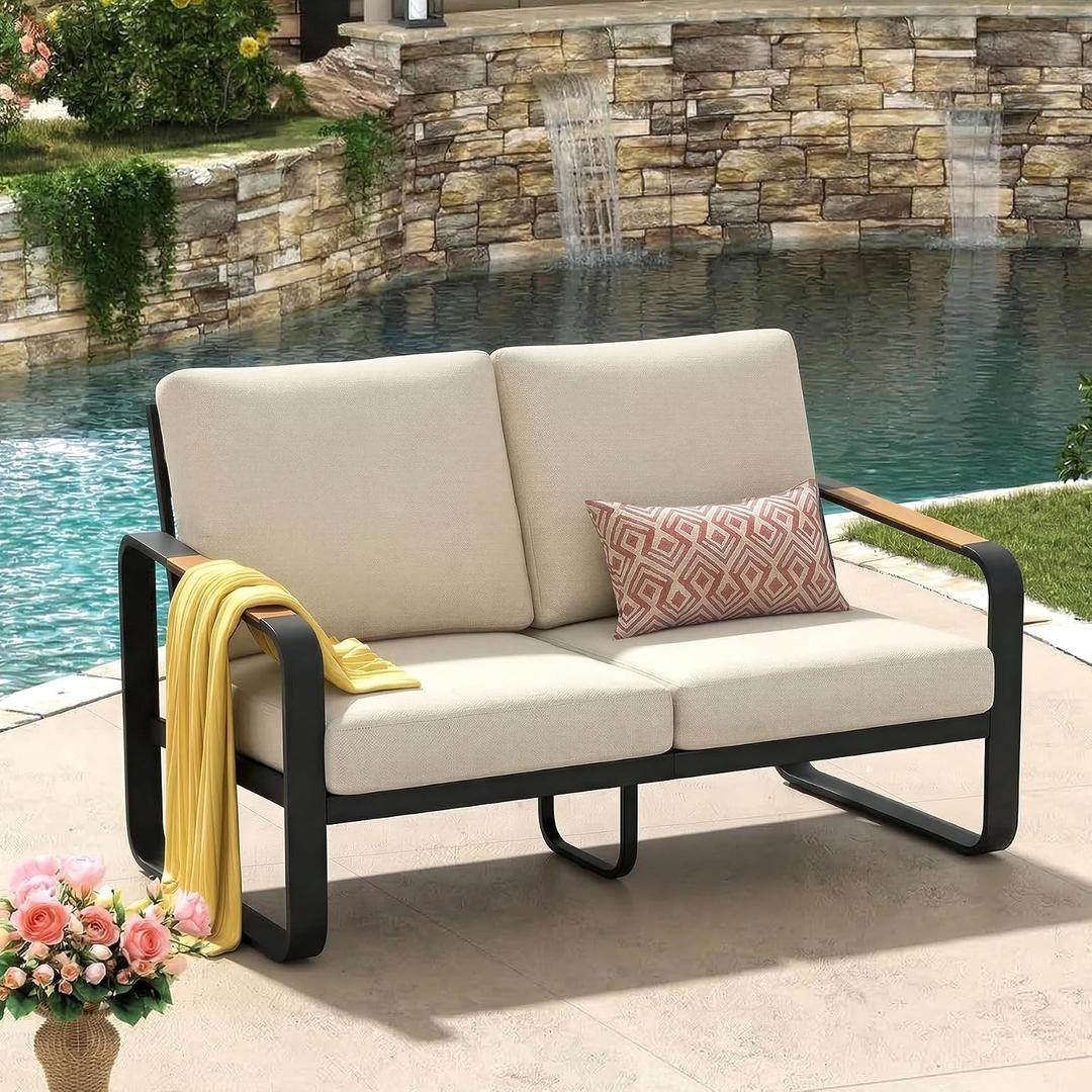 Tribesigns Outdoor Loveseat with Tall Back & Oversized Seat, Modern Metal Frame Patio 2-Seater Sofa with 6'' Thick Cushions, All-Weather Conversation Sofa for Backyard, Porch, Balcony, Poolside, Beige, 1PCS Love Seat