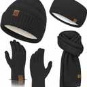 Winter Beanie Hat Scarf Gloves Headband Set  Knit Beanie, Warm Scarf, Touchscreen Gloves & Ear Warmer, Gift for Women & Men (Black)