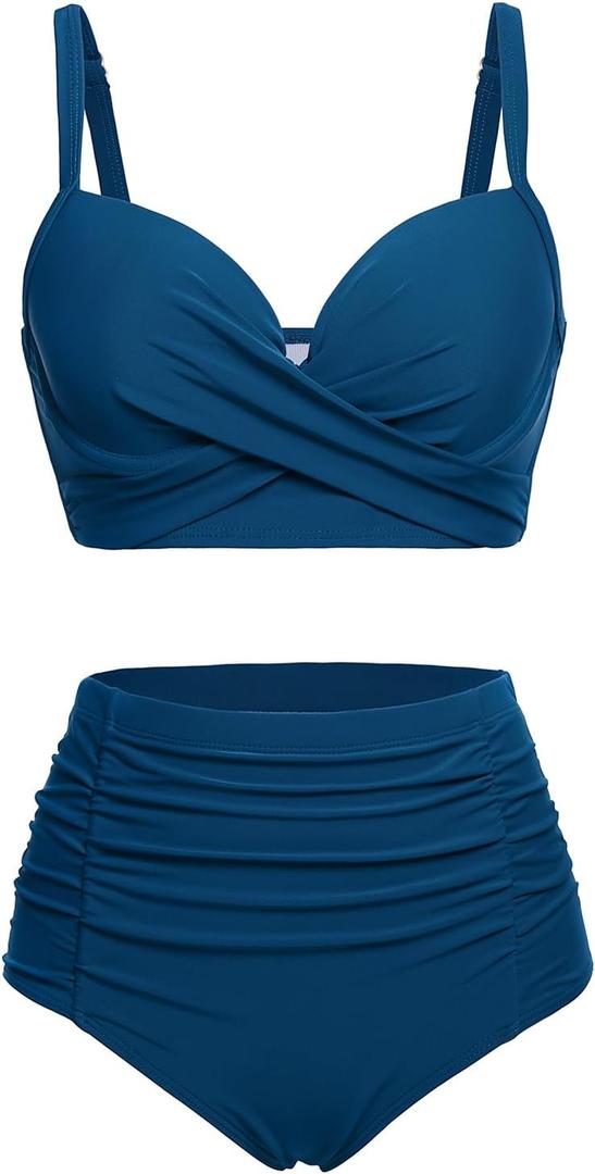 Yonique Women Underwire Bikini Set High Waisted Tummy Control Swimsuit 2 Piece Push Up Bathing Suit (Blue, XL)
