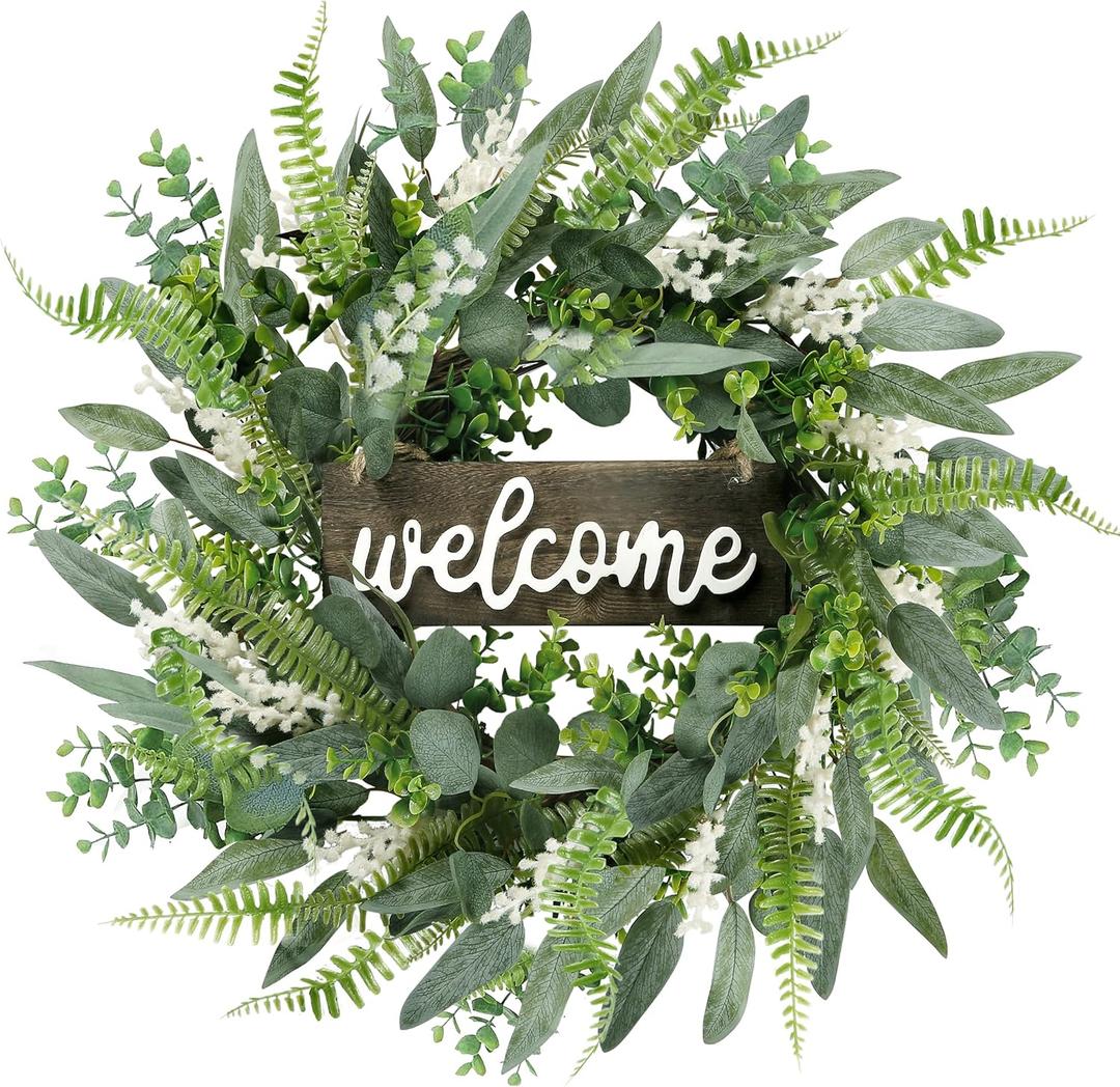Sggvecsy Green Artificial Eucalyptus Wreath with Welcome Sign 20in Mixed White Berries Spring Summer Wreath for Front Door Wall Window Farmhouse Festival Porch Patio Garden Decor (1 Piece)