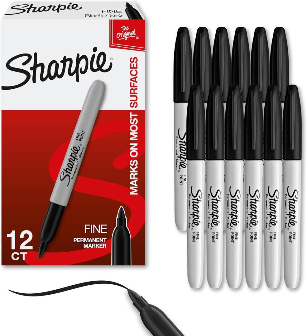 Sharpie Permanent Markers, Fine Tip, Black, 12 Count - Office Supplies, Quick Drying, Fade Resistant, For Wood, Plastic, Paper, Metal, And More