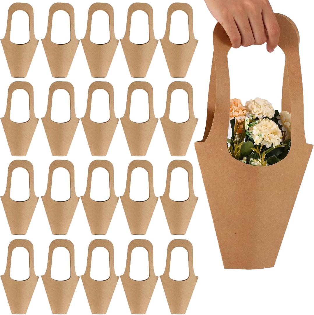 Tergy 20Packs Kraft Paper Flowers Gift Bags Brown Hanging Bouquet Wrapping Bags for Home Decoration (14Inches)
