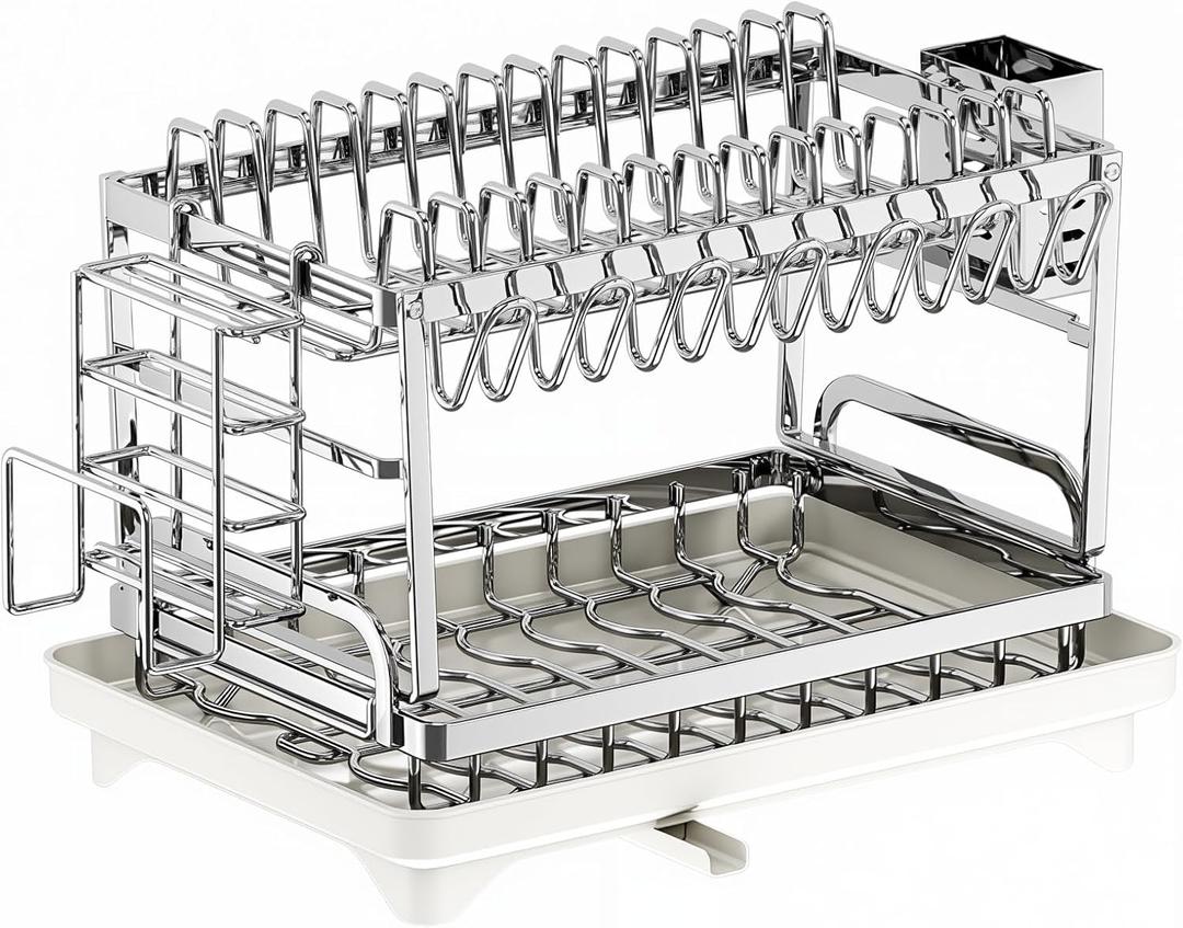 TarnorLe Double Layer Dish Drying Rack, Storage Super Large Bowl Dish Rack, Multifunctional Kitchen Countertop with Drain Pan, 304 Stainless Steel Kitchen Drying Rack, Tableware, Glass Drying Rack, 17 * 12 * 11 inches