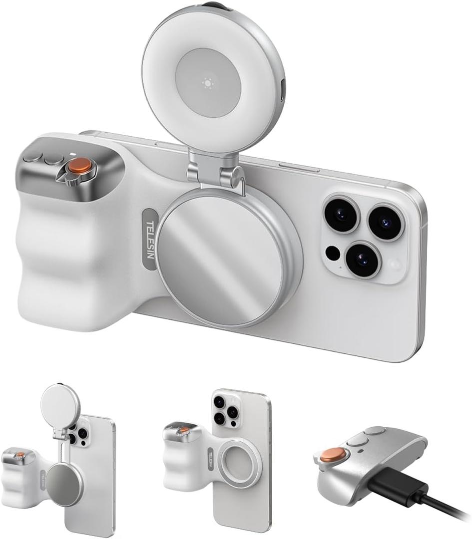 TELESIN Fun Shot Magnetic Phone Camera Grip + C03 Magnetic Selfie Light (Silver) Bundle Kit Compatible with iPhone Magsafe & Android, Creator Kit for Selfies/Photography/TikTok/Zoom Calls/Video