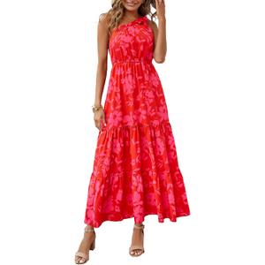 PRETTYGARDEN Women's One Shoulder Boho Floral Maxi Dress | Sleeveless Tiered A Line, Long Flowy Sundress, Tie Knot Summer Vacation Dresses, Spring Wedding Guest Outfits for Beach Party M