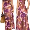 Wedding Guest Dress for Women Spaghetti Strap Satin Slip Cocktail Formal Midi Evening Party Dresses (Large, Brown Floral-1)