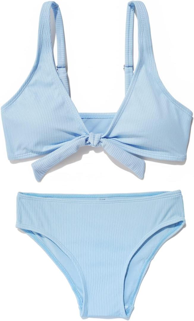 MIENOE Teen Girls' Swimsuits Two-Piece V-Neck Bikini Adjustable Shoulder Straps Swimsuit Kids Bikini with Chest Pad (8-10 Years, Sky Blue - Knot Style)