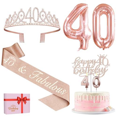 40th Birthday Decorations Women, Include 40th Birthday Sash and Crown, Cake Topper and Candles, Number Balloons, 40 Year Old Gifts for Women