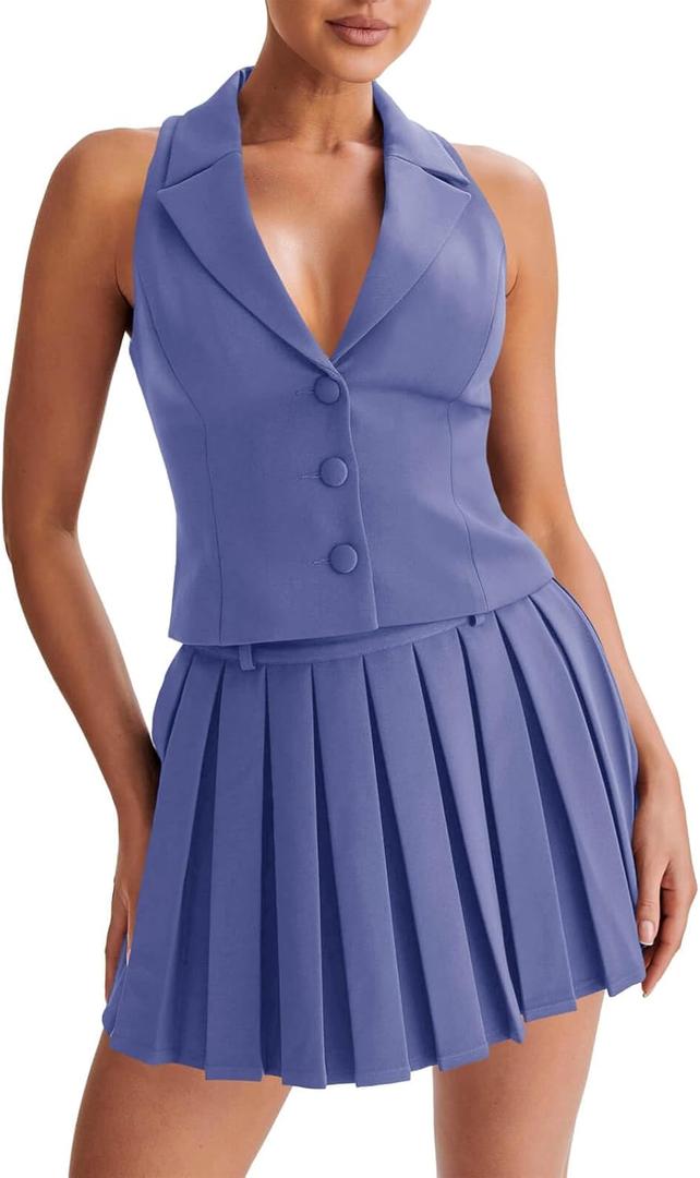Cicy Bell Womens Summer 2 Piece Outfits V Neck Blazer Vest Matching Sets and Mini Pleated Skirts, Small, Blue