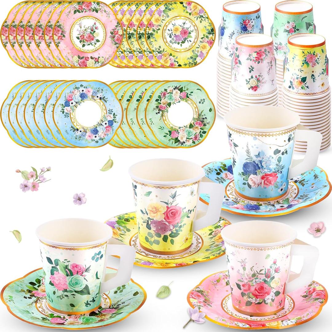 160 Pcs Floral Paper Tea Cups and Saucers 7 OZ Disposable Paper Tea Cups with Handle and Plates for Tea Party Decoration Birthday Baby Shower Bridal Wedding Mother's Day