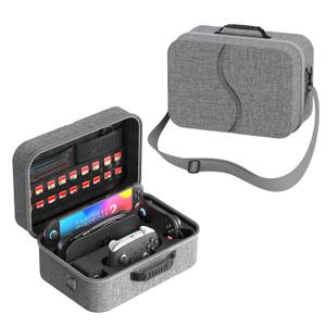 Compact All in One Carrying Case for Nintendo Switch 2 2025, Hard Shell Organizer Box for Switch 2 Accessory Compatible with Pro Controller Dock, with 18 Game Card Slots, Hard Shell Travel Bag, Grey