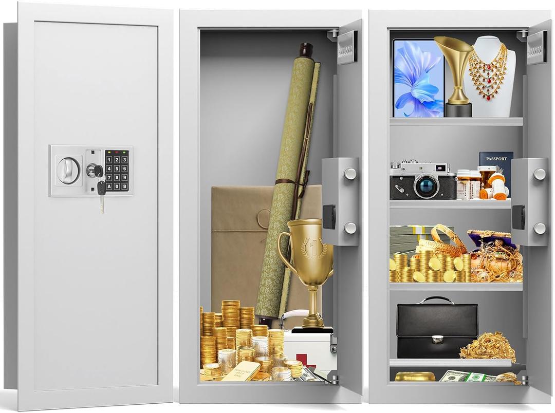 White 29.53" Tall Fireproof Wall Safes Between the Studs 16" Centers, Heavy Duty Combination Lock in Wall Safe with 3 Removable Shelf, Hidden Safe for Money, Jewelry, Document, Passport, Whit