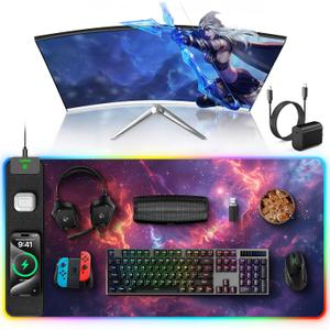 TopMade Wireless Charging Mouse Pad, RGB Gaming Mousepad Home Office Desk Pad, 31.5 x 15.8 Large Desk Mat, Waterproof Keyboard Pad, Galaxy Nebula (Includes 20W PD Power Adapter & 6.56ft Woven Cable)