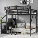 Full Size Metal Loft Bed Frame with Convertible Staircase, Built-in Storage Shelves and Wardrobe, Loft Bed with Solid Slats, Guardrail, No Box Spring Required, Easy Assembly, for Bedroom, Black
