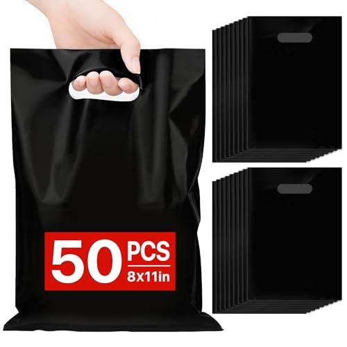 ANZNKU Black Party Favor Bags 50 PCS 8"x11", Goodie Bag for Easter Candy Treat Craft Jewelry, Plastic Gift Bags with Die Cut Handles for Birthday, School Events & Small Business, Wedding