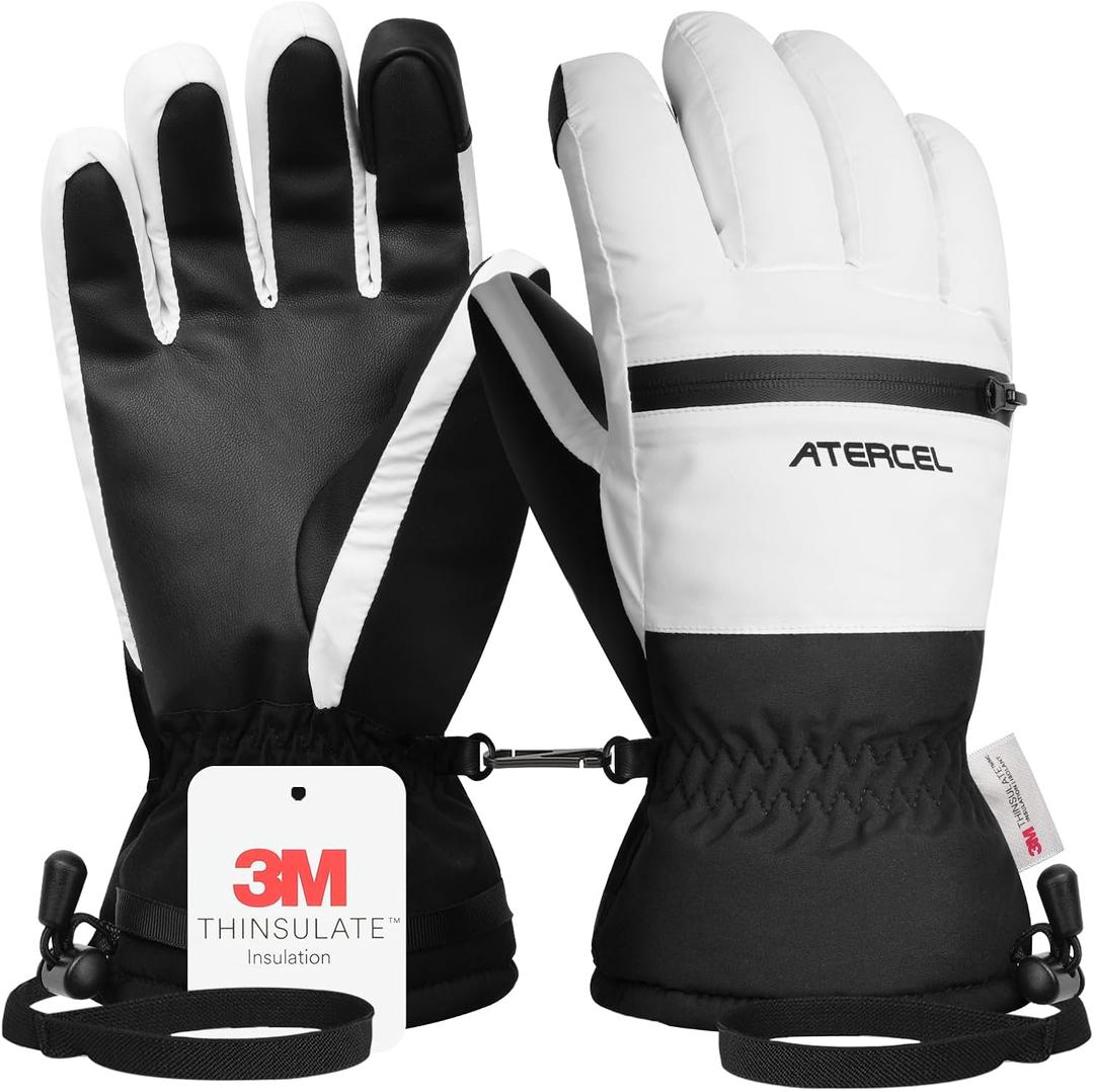 ATERCEL Waterproof Ski Gloves, Warm 3M Thinsulate Gloves, Touchscreen, Ideal for Men and Women in Skiing, Snowboarding, Snowmobiling, Hiking and Other Winter Outdoor Activity, (Medium, White)