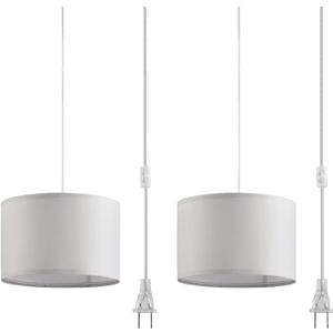 2 Pack Plug in Pendant Light, Hanging Light with 15Ft Clear Cord, On/Off Switch, French Grey Fabric Lamp Shade, Hanging Light Fixture for Bedroom, Kitchen, Living Room, Dining Table