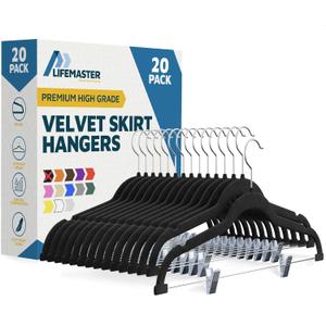 Lifemaster Velvet Skirt Hangers – with Adjustable Clips, 360 Degree Swivel Hook, and Non-Slip Shoulder Notch, Holds Up to 10 lbs, for Organizing Skirt, Pants, Dress, and Clothes, Pack of 50, Green