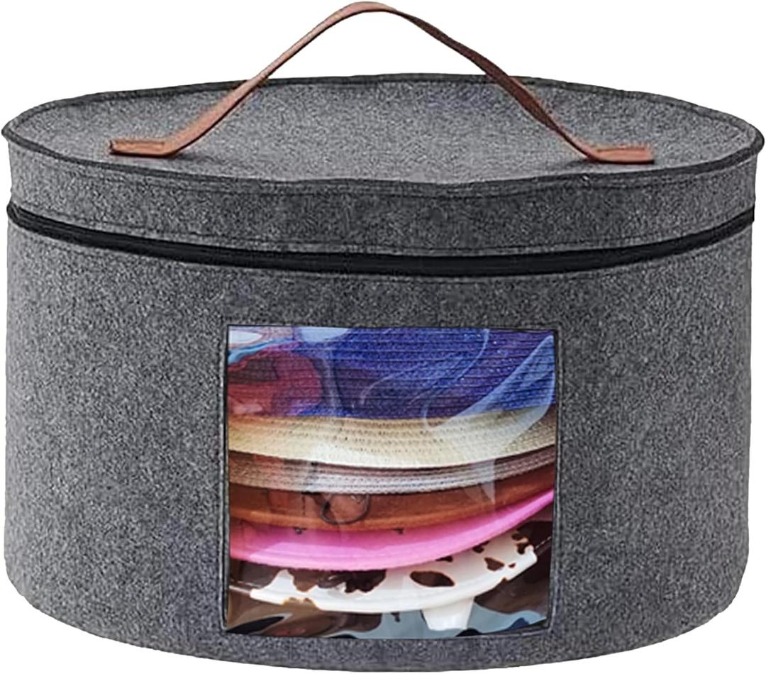 Memfish Hat Box-Hat Boxes for Women Storage Travel Large Round Hat Carrier Case Organizer with Lids Wide-Brim Cowboy Men Cowboys Caps Clothes Closet Storage Foldable (Grey)