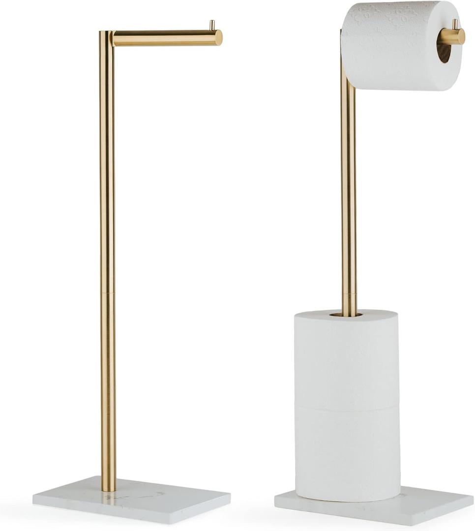 MARMOLUX ACC Free Standing Gold Toilet Paper Holder Stand White Marble Base and Storage | 4 Jumbo Roll Bathroom Hardware Toilet Tissue Organizer | Stainless Steel Bathroom Decor Accessory